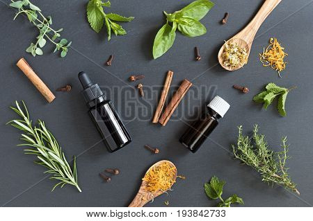 Selection Of Essential Oils And Herbs On A Dark Background