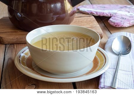 Bone Broth Made From Chicken Served In A Soup Bowl