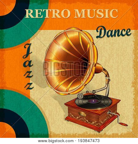 The vintage banner with old gramophone for retro music