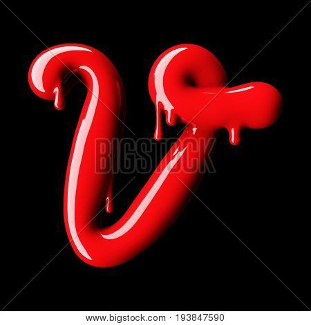 Glossy red letter V uppercase. 3D rendering font with glint on black background.