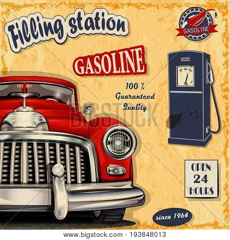 Filling station gasoline open 24 hours retro poster
