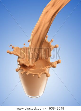 Splash of chocolate milk from the glass .Blue background. 3d rendering
