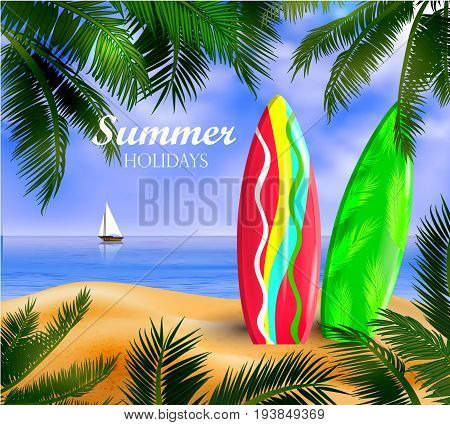 surfboards on a beach against a sunny seascape and palms Vector