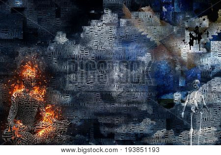 Abstract clouds. Words. Burning man in lotus pose. Pattern of maze on his skin. Skeleton represents death.   3D rendering  Image composed partially of text, words