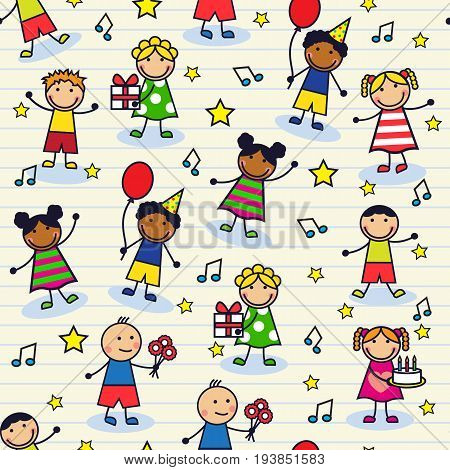 Square seamless background with cartoon children and holiday symbols