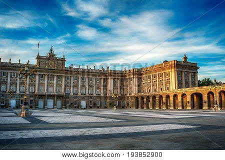 Madrid, Spain: the Royal Palace, Palacio Real de Madrid at sunset