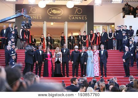 Agnes Jaoui, Jessica Chastain, Will Smith, Pedro Almodovar, Park Chan-wook, Fan Bingbing attend the Opening Gala during the 70th Cannes Film Festival at Palais on May 17,2017 in Cannes; France. 