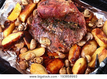 Grilled pork meat with potatoes. barbecue. Selective focus