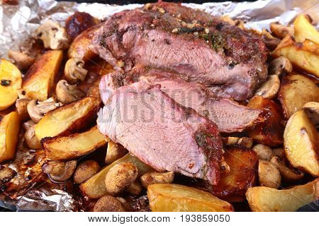 Grilled pork meat with potatoes. barbecue. Selective focus