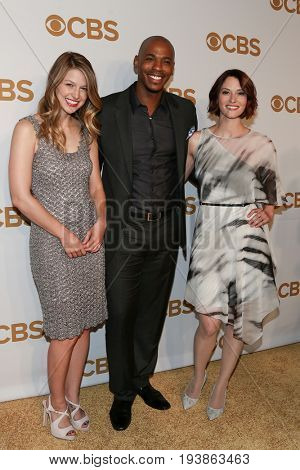 (L-R) Actors Melissa Benoist, Mehcad Brooks and Chyler Leigh attend the 2015 CBS Upfront at The Tent at Lincoln Center on May 13, 2015 in New York City.