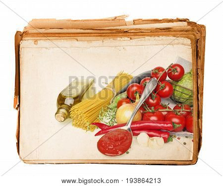 healthy vegetable food in an old book