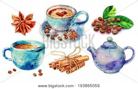 Watercolor Hand Work Original Coffee With Cinnamon Cappuccino Cinnamon Rolls And Teapot Illustration Isolated On White Background. Hand Drawn Collection Sketch Illustration Set With
