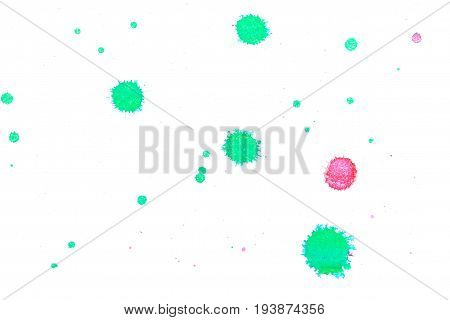 Abstract two-color green red ink splash. Ink blots. Elements of design. The water-soluble ink on white paper Leste. Abstractionism