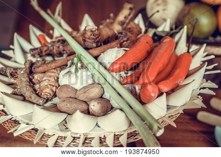 Red Chili peppers in a traditional balinese small basket.