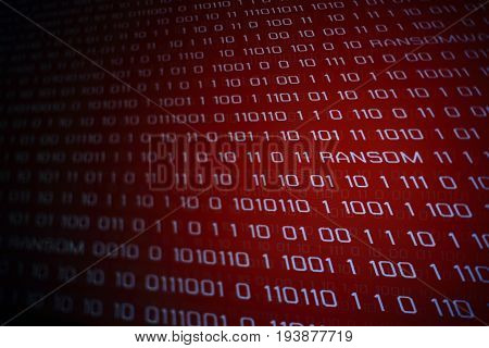 Hacked monitor. ransomware. Binary digital numbers on red screen with ransom word on screen.