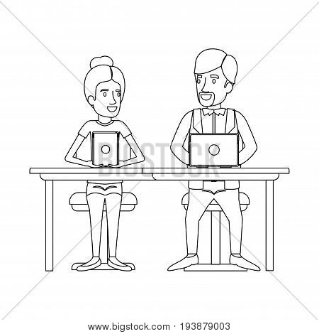 monochrome silhouette of teamwork of woman and man sitting in desk with tech devices and her with collected hair and him in casual clothes with van dyke beard vector illustration