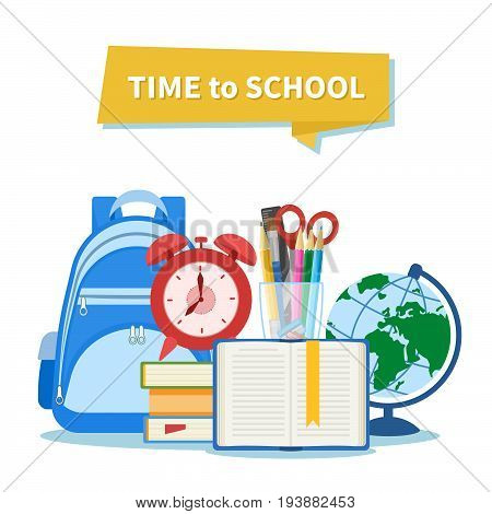 Time to school. Education and learning concept. School equipment. Open book with a bookmark, alarm clock, pile of books, backpack, supplies, stationery set, globe, scissors, pens, pencils, ruler.