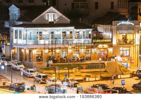 Tbilisi, Georgia - October 21, 2016: Evening Night Scenic Aerial View Of Vakhtang Gorgasali Square. Popular Place For Locals And Tourists