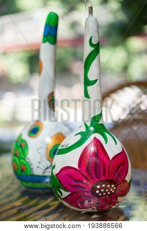 Pumpkin shells for creation lamp, ANTALYA, TURKEY - JUNE 25, 2017, interesting element of interior design - lamps and shades, covered with patterns and pictures, on June 25 in Antalya.