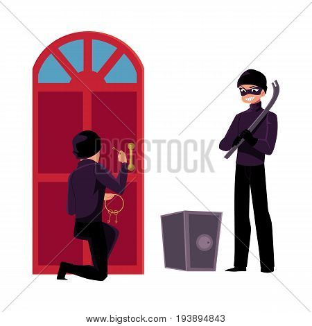 Thief, burglar breaking in house, going to force open safe box, cartoon vector illustration isolated on white background. Burglar, thief snapping door lock, opening safe box with tire lever