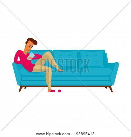 Man on the sofa reading an e-book. Blue leather luxury sofa for modern living room reception or lounge single object. Flat design vector illustration isolated on white background.