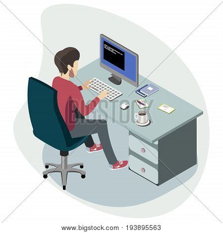Businessman working at the computer isometric. Vector illustration