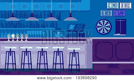 Bar Restaurant with counter in flat style. Vector banner of interior with bar counter, bar chairs and shelves with alcohol.