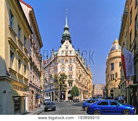 Building Of Beatiful Architecture At Kralodvorska Street And U Obecniho Domu Street Crossroads. Prag