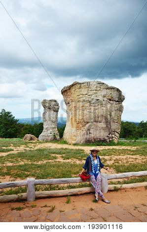 Thai Women People Travel And Posing Shooting Photo With Mor Hin Khao