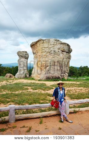 Thai Women People Travel And Posing Shooting Photo With Mor Hin Khao