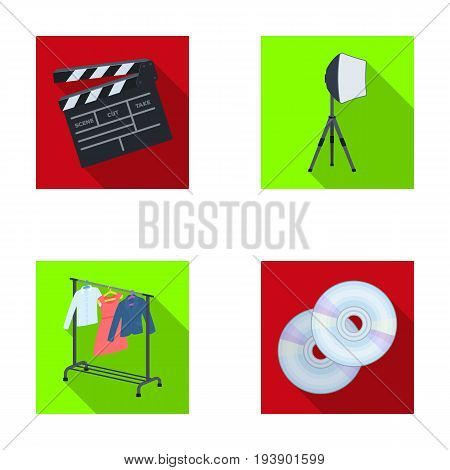 Movies, discs and other equipment for the cinema. Making movies set collection icons in flat style vector symbol stock illustration .