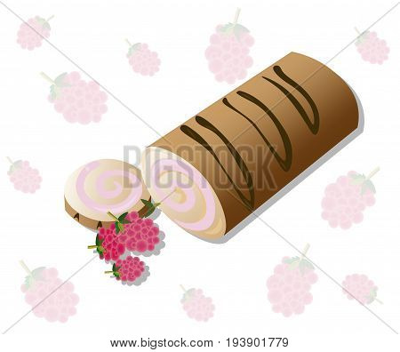 Roll cakes Vector with raspberry fruits. Sweets, dessert berry frosting delicious chocolate syrop