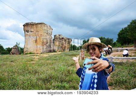 Thai Women People Travel And Posing Shooting Photo With Mor Hin Khao