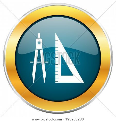 Learning blue glossy round icon with golden chrome metallic border isolated on white background for web and mobile apps designers.