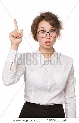 Girl in white blouse stands on white background, gestures, emotions on face, background is isolated