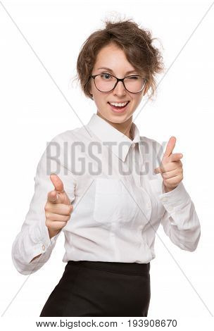 Girl in white blouse stands on white background, gestures, emotions on face, background is isolated