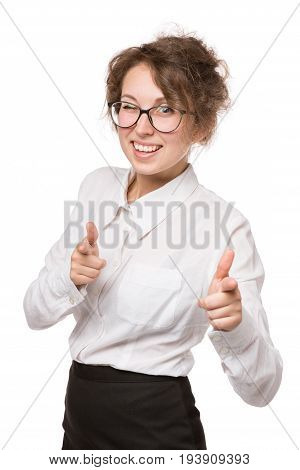 Girl in white blouse stands on white background, gestures, emotions on face, background is isolated