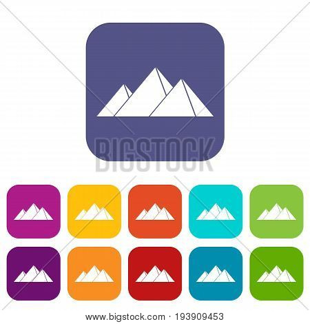 Pyramids in Giza icons set vector illustration in flat style In colors red, blue, green and other