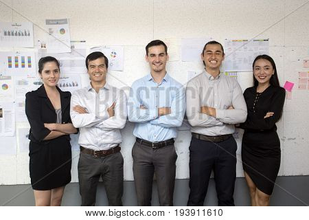 Businesspeople Standing Together With Attractive Smiling At Working Place Business Teamwork Concept 