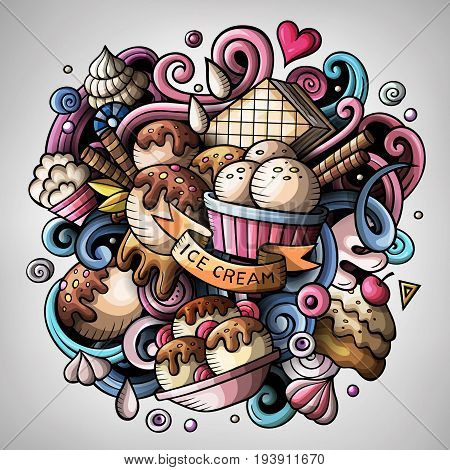 Cartoon cute doodles hand drawn Ice cream illustration. Colorful detailed, with lots of objects background. All items are separate. Funny vector artwork