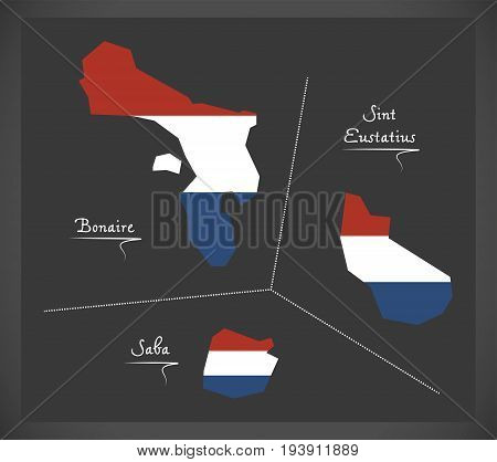 Bonaire - Sint Eustatius - Saba Netherlands Map With Dutch National Flag Illustration
