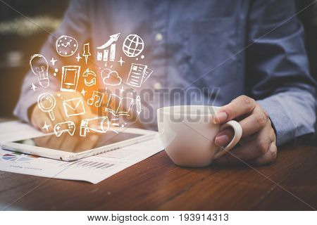Man Hand Using Tablet With Network Handrawn Icon Flat Doodle Style Technology Digital Community Conc