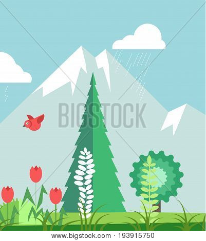 Mountain in summer time with red tulips, flying bird, evergreen spruce and other green trees and grass. Vector colorful illustration in graphic design of calm place for relaxation with high hills