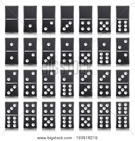 Domino Full Set Vector Realistic Illustration. Black Color. Classic Game Dominoes Bones Isolated On White. Top View. 28 Pieces