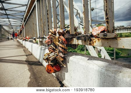 Many love locks or padlocks at iron bridge in Eletz, Lipeck Region, Russia