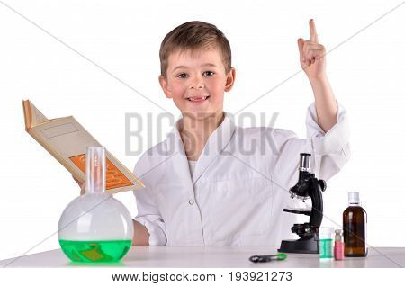 Glad science boy find solution in the book white background