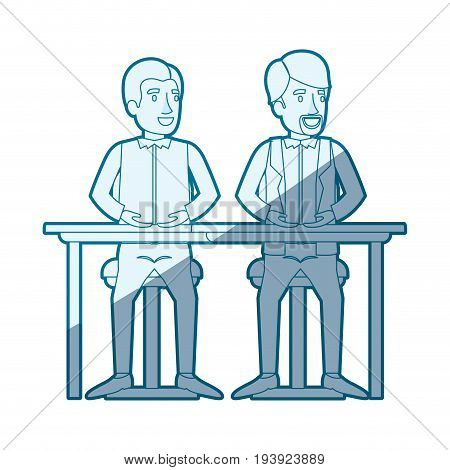 blue shading silhouette with men sitting in desk one with casual clothes and the other with formal clothes and van dyke beard vector illustration