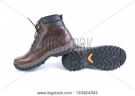 Male Brown Boot on White Background, Isolated Product, Top View, Studio.