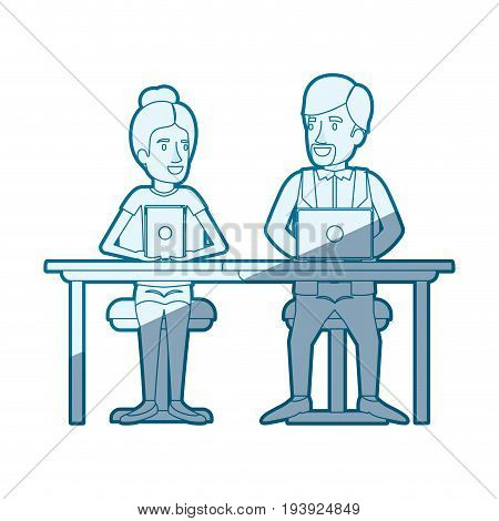 blue shading silhouette of teamwork of woman and man sitting in desk with tech devices and her with collected hair and him in casual clothes with van dyke beard vector illustration