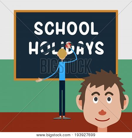 Schoolboy wipes a school board with the inscription - school holidays and his friend emotionally looks at what is happening.